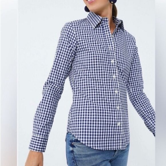 Untuckit Belleza Navy Gingham Checkered Button Down Shirt NWT Women's Size 2 - Picture 1 of 4